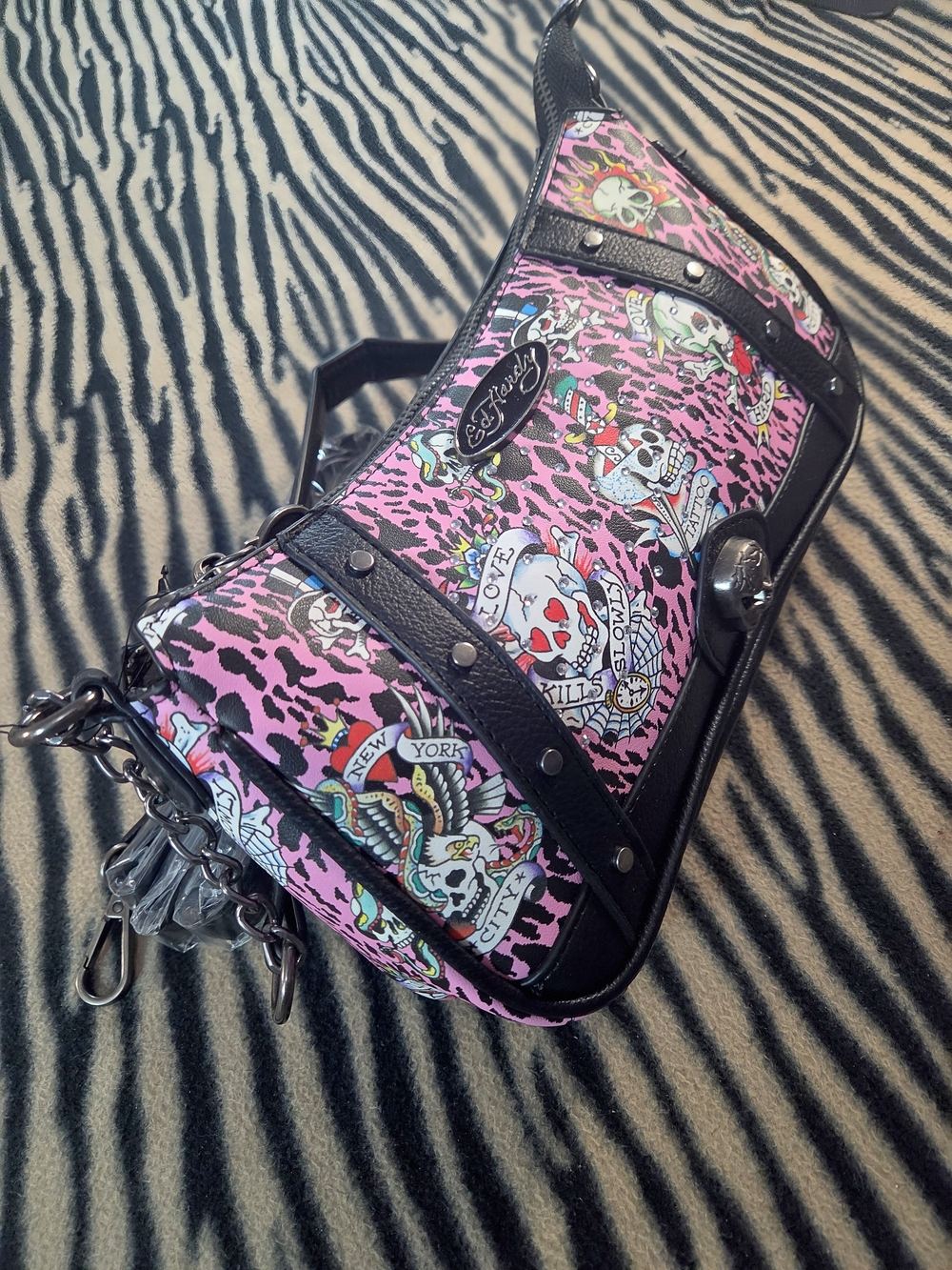 Ed Hardy Y2K Pink Leopard Print Tattoo Skull Crossbody Shoulder Bag